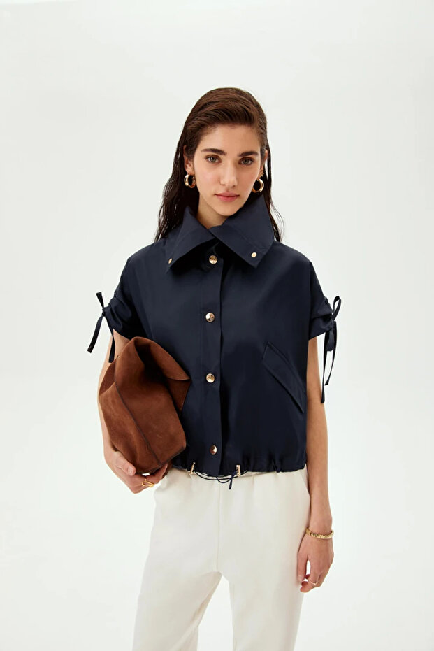 Cotton Short-Sleeve Shirt with Lace-Up Detail