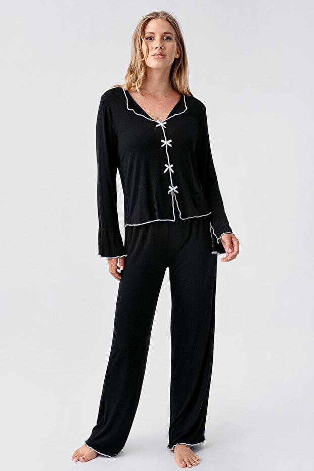 Long Sleeve Flexible Viscose Pajama Set with Ribbon Bow Detail