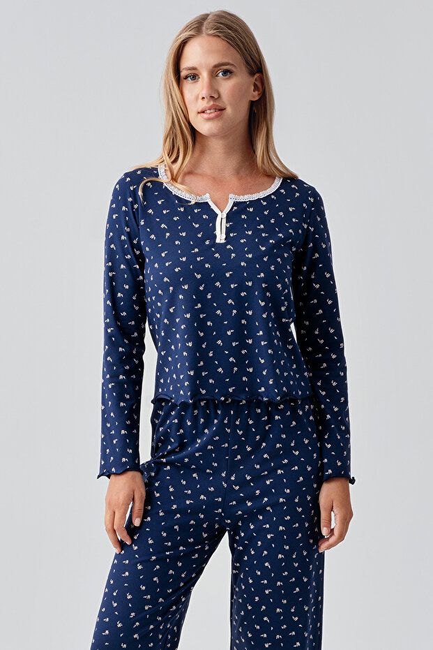 Long Sleeve Patterned Buttoned Flexible Cotton Pajama Set - 4