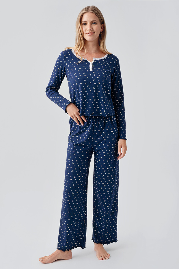 Long Sleeve Patterned Buttoned Flexible Cotton Pajama Set - 2
