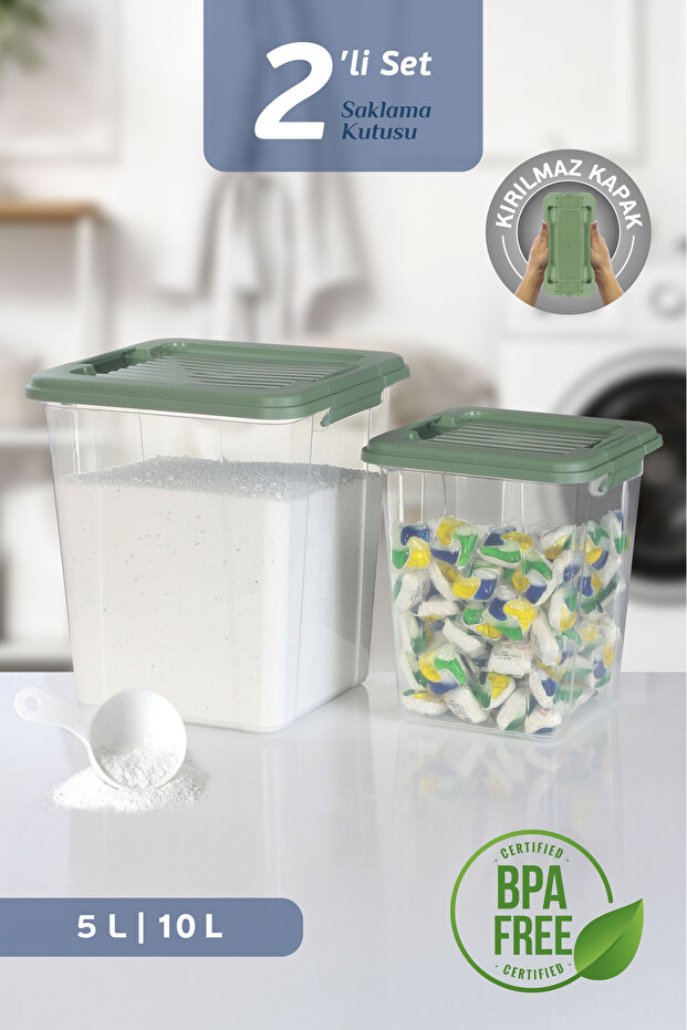 2'li Set 5-10L Kilit Kapak Saklama Kutusu Deterjanlık - Un Bakliyat Erzak Saklama Kabı Organizer Box - 1