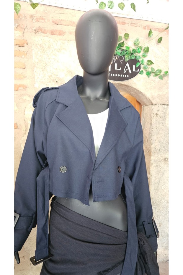 REGLAN KOL TAŞ VE LACİVERT RENKLER KISA TRENÇKOT CEKET - 5