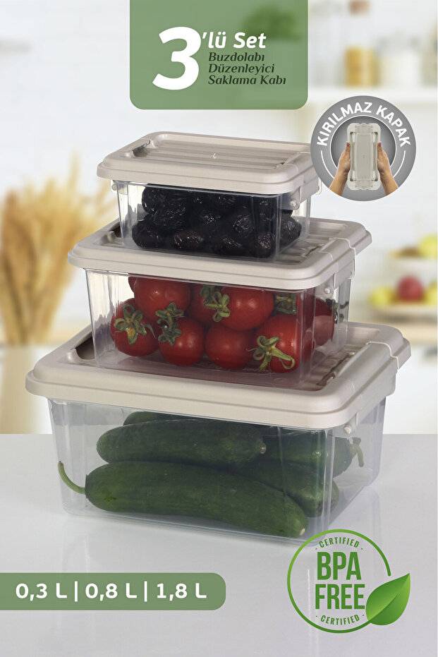 Set of 3 Multi-Purpose Storage Containers with Locking Lids - Refrigerator Organizer Storage Box 0.3-0.8-1.8 Lt - 1