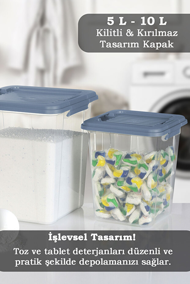 2'li Set 5-10L Kilit Kapak Saklama Kutusu Deterjanlık - Un Bakliyat Erzak Saklama Kabı Organizer Box - 2