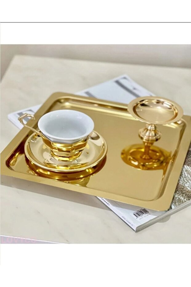 6 Adet Parlak Tek Taraflı Gold Altın Kare Paslanmaz Çelik Kahve Servis Sunum Tepsi (21X21CM) T - 2