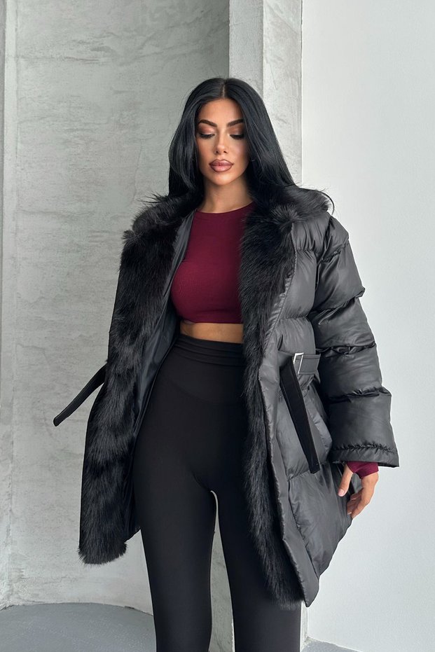 Alessi Black Long Fur Inside Premium Quality Waterproof Inflatable Women's Coat Suitable for Hijab