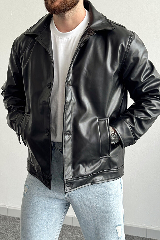 سترة جلدية كبيرة الحجم للرجال بأزرار - 3