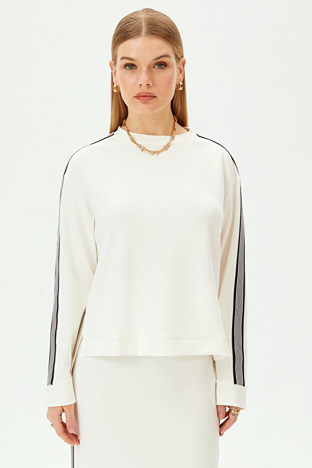 Çizgi Detaylı Oversize Ekru Sweatshirt - 5