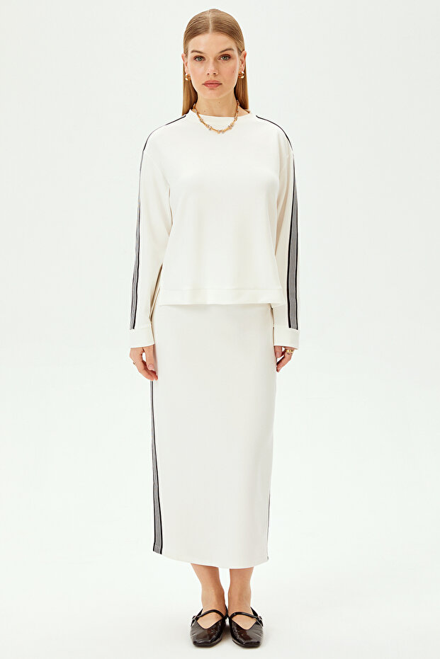 Çizgi Detaylı Oversize Ekru Sweatshirt - 7