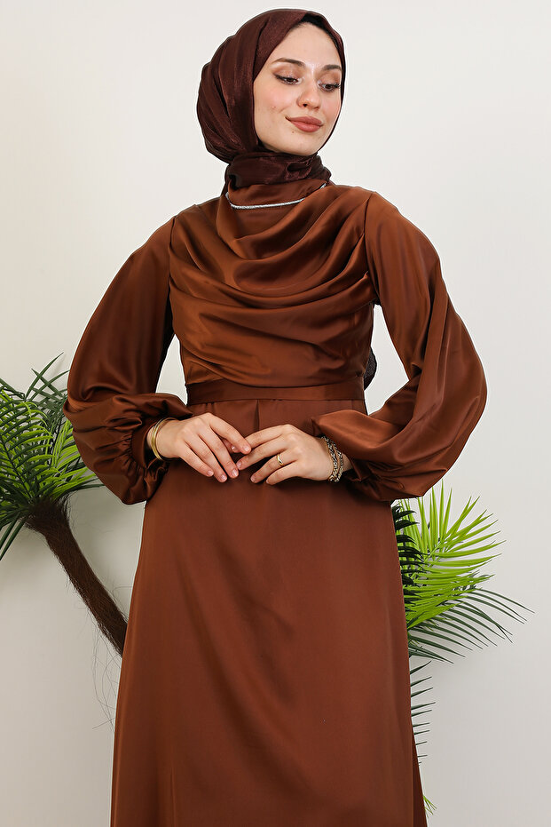 Kuyruklu Degaje Elbise Kahve - 5