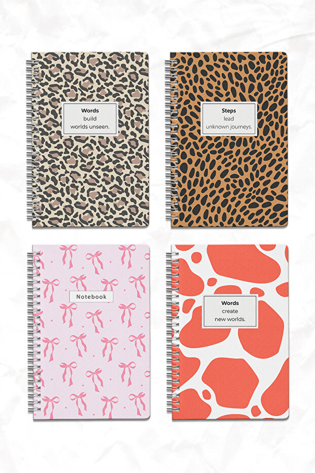 A5 Spiral Notebook Set of 4 – Blank Pages, 120 Sheets, Leopard & Ribbon Themed, School Notebook - 1