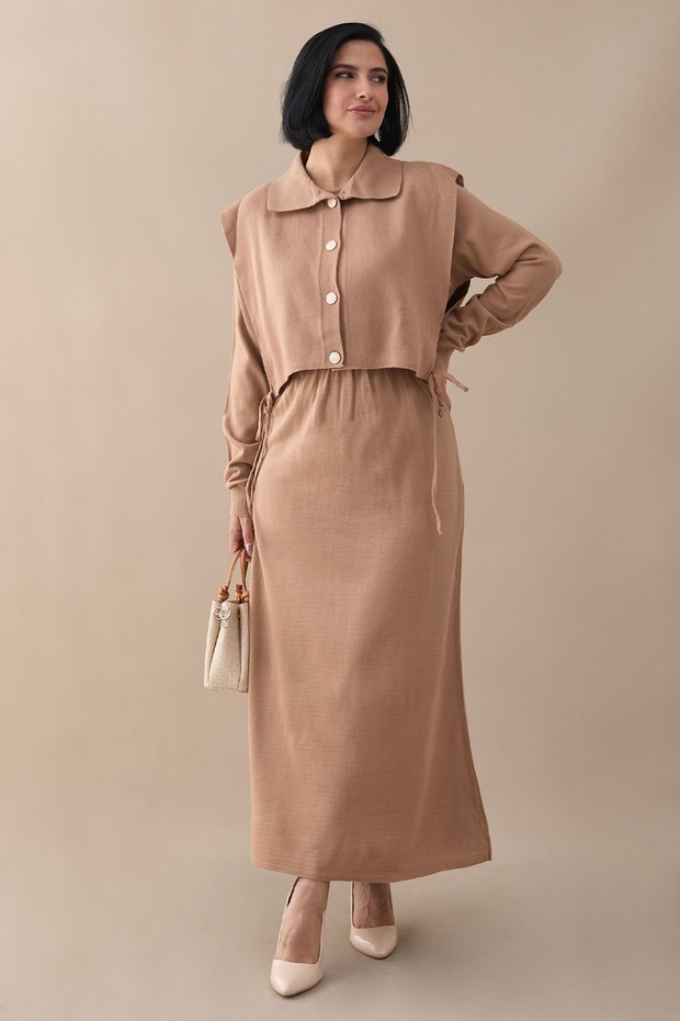 Bolerolu Elbiseli Camel Takım - 7