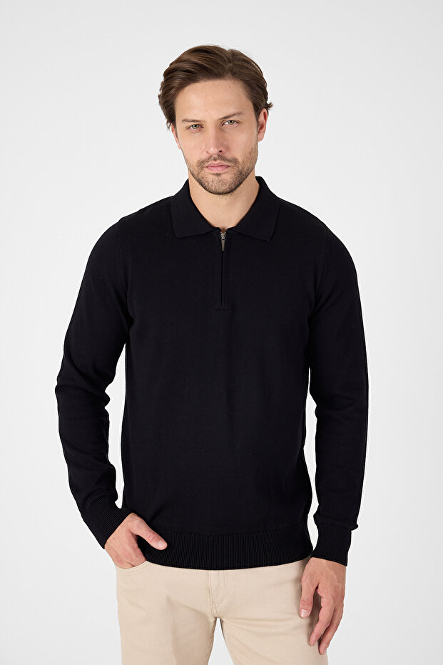 Black 100% Cotton Men's Half Zipper Polo Neck Knitwear Sweater