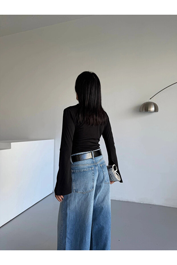 Bluză Sany cu mâneci spaniole cu detalii drapate negre pentru femei HZL25W-FRY123431 - 6