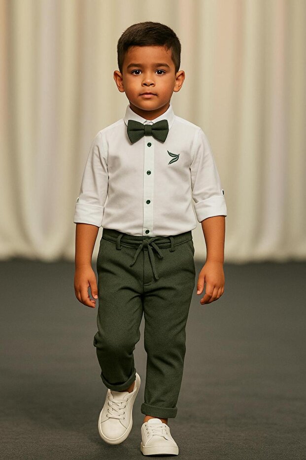 Boy's Special Day/ Embroidery Shirt Pants Bow Tie Suit/Double Leg Lace-Up Pants