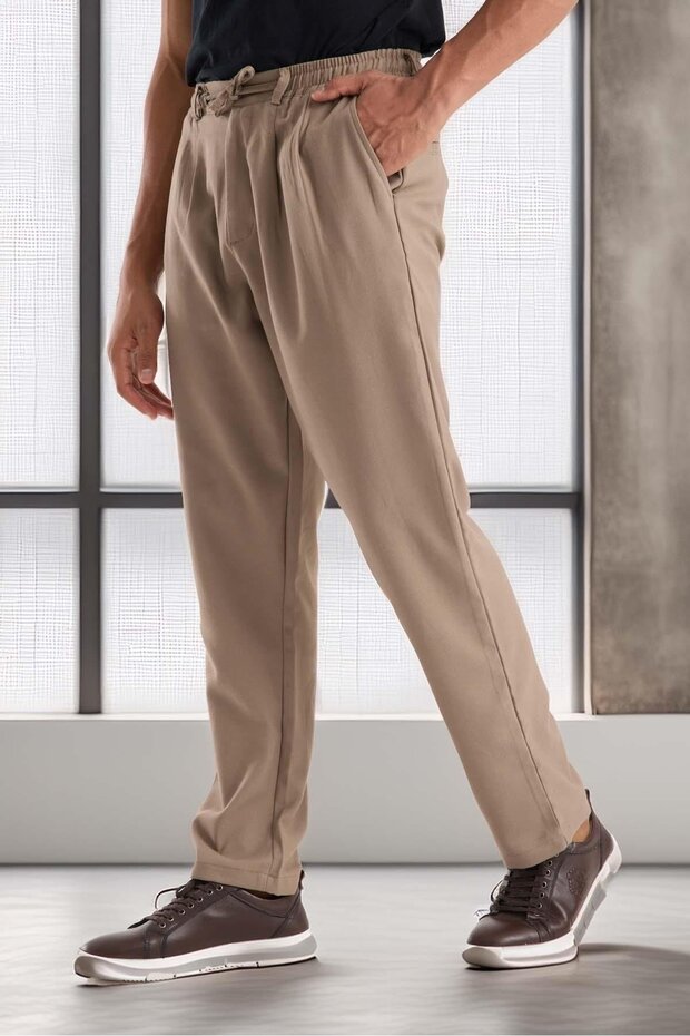 Bezayağı Kumaş Relax Fit Duble Paça Jogger Pantolon - Vizon - 7