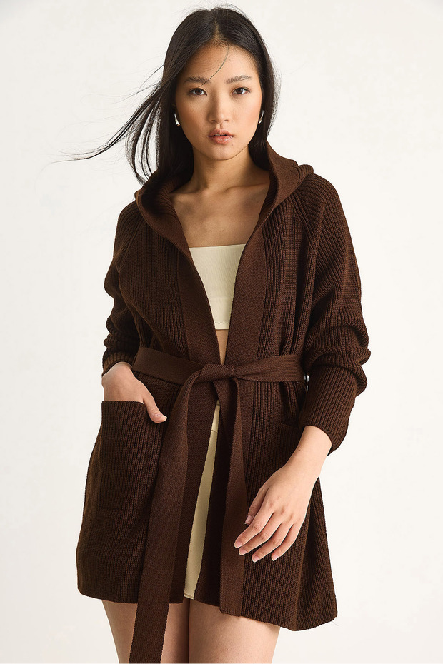 Women's Brown Hooded Shawl Collar Belted Cardigan 20246309