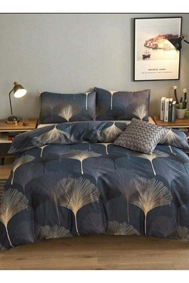 Queen Bedding Set without filler, Elegant Leaves Design, Black with Brown