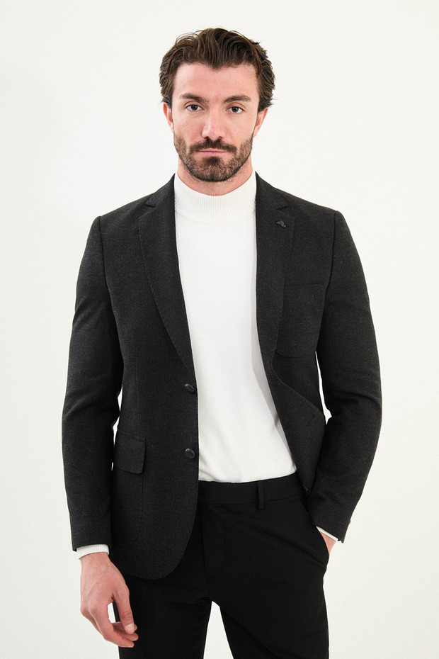 Straight Slim Fit Bag Pocket Mono Collar Wool Men's Jacket Black - 41470.25K