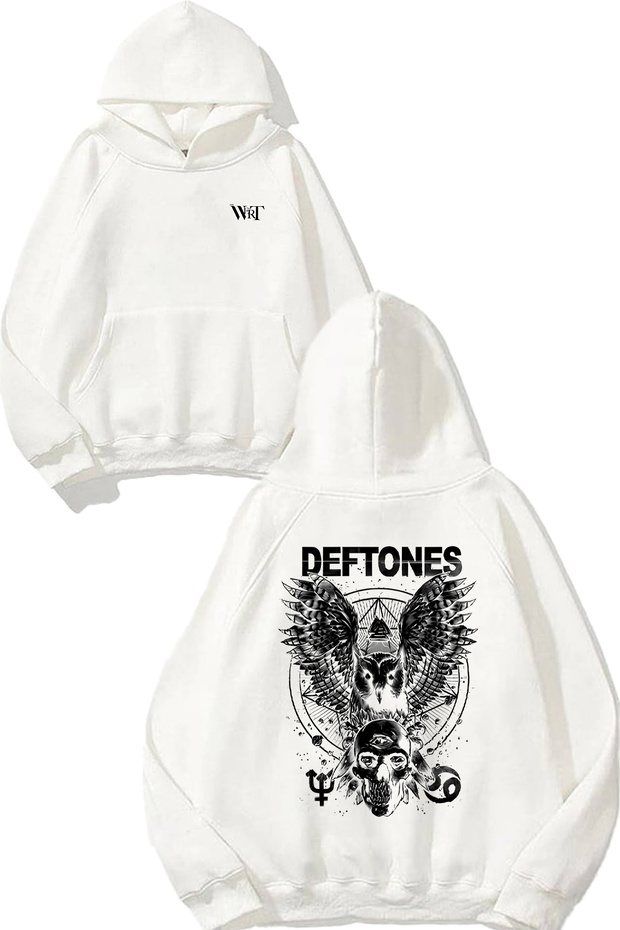سويت شيرت أبيض بقلنسوة مطبوع عليه تصميم Deftones Owl على الظهر