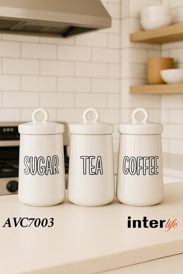 Set of 3 Letter Liza Model Ceramic Tea Coffee Sugar Jars with Lid Countertop Organizer 750 ML