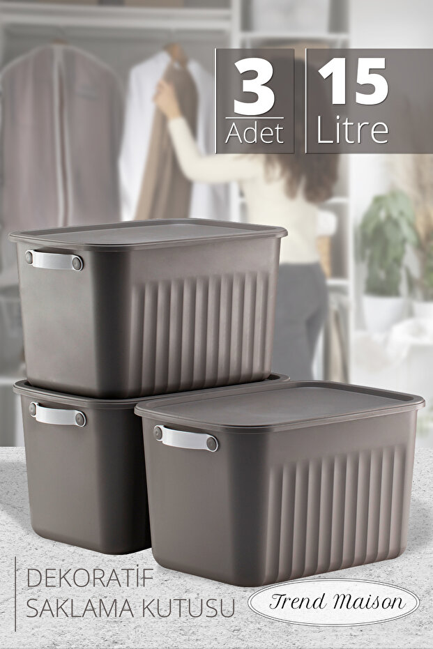 Gri Çok Amaçlı Kapaklı Saklama Seti, Dekoratif Organizer 3'lü - 1
