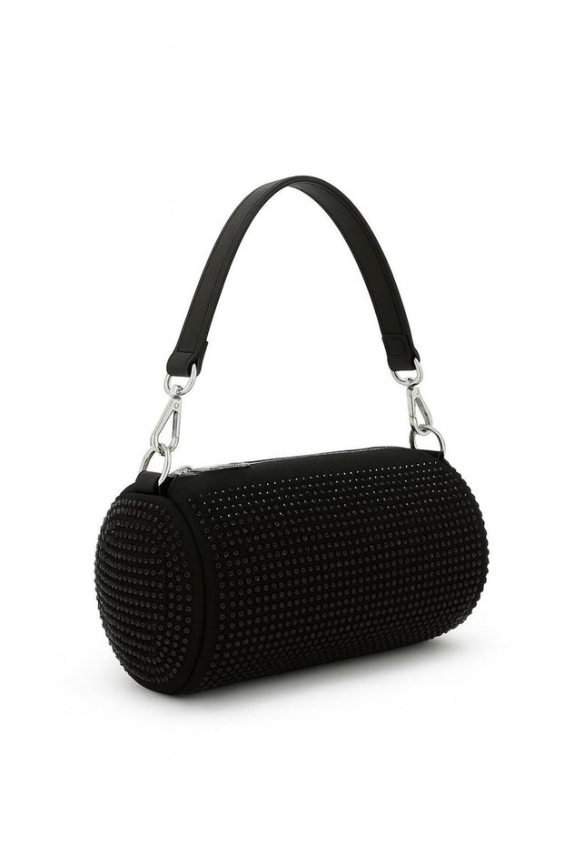 Women's Black Stone Evening Dress Bag Cylinder Model Evening Clutch Bag Stylish Event Bag