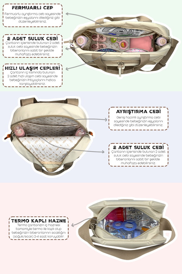 3'lü Set Anne Bebek Bakım Sırt Çantası & Urban Anne Bebek Omuz Çantası ve Termos Çanta-Bej - 6