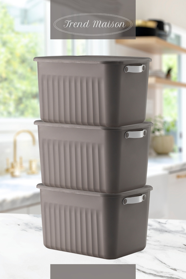 Gri Çok Amaçlı Kapaklı Saklama Seti, Dekoratif Organizer 3'lü - 5