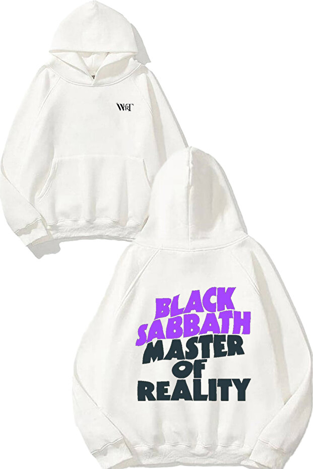 سويت شيرت أبيض بقلنسوة مطبوع عليه تصميم Black Sabbath 7 على الظهر