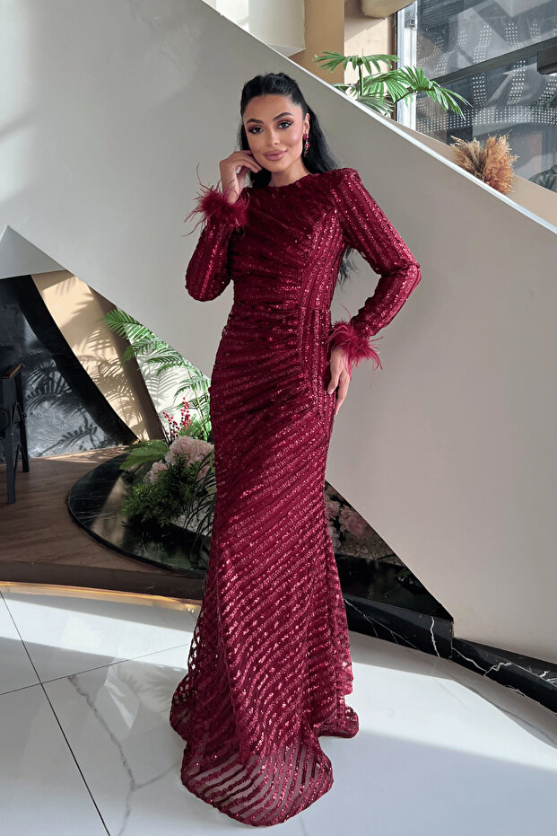 Sequin Fabric Hijab Evening Dress - Burgundy