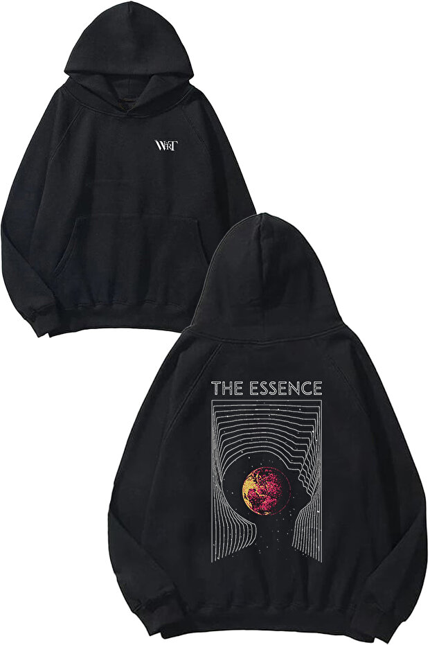 سويت شيرت أسود بقلنسوة مطبوع عليه تصميم The Essence على الظهر