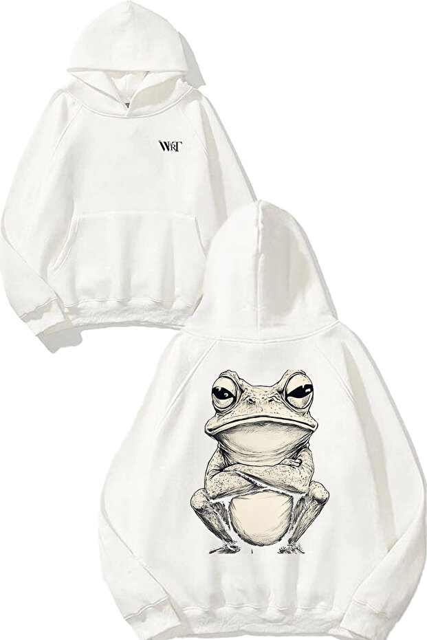 سويت شيرت أبيض بقلنسوة مطبوع عليه تصميم Grumpy Frog 1 على الظهر