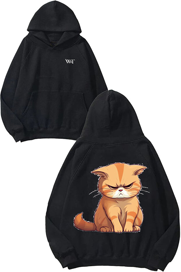Angry Cat Design Back Printed Black Hooded Sweatshirt