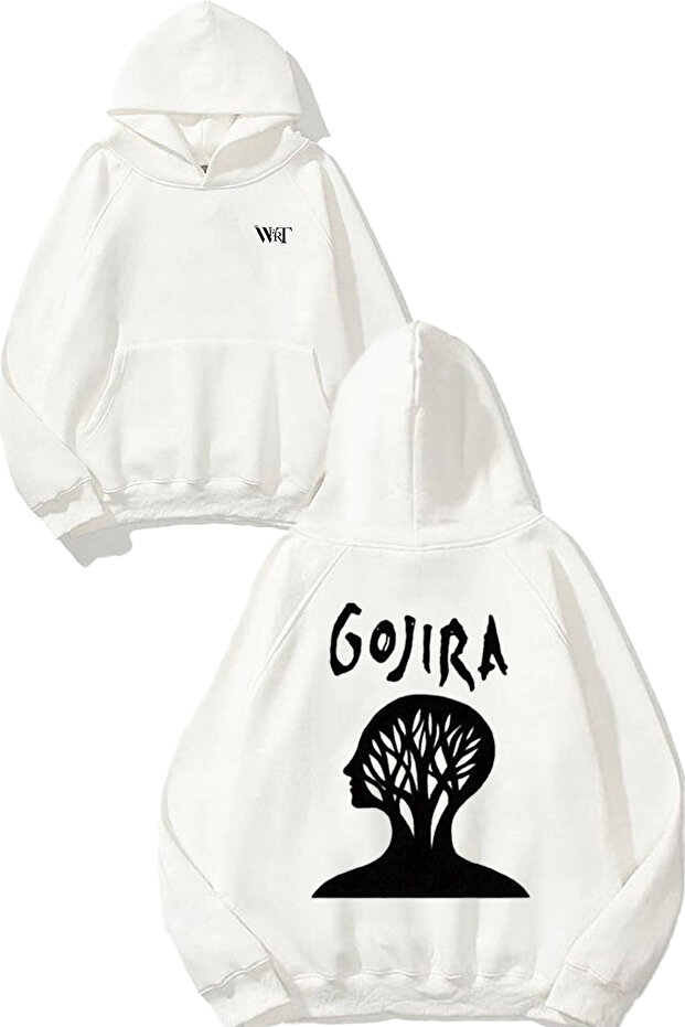 سويت شيرت أبيض بقلنسوة مطبوع عليه تصميم Gojira 9
