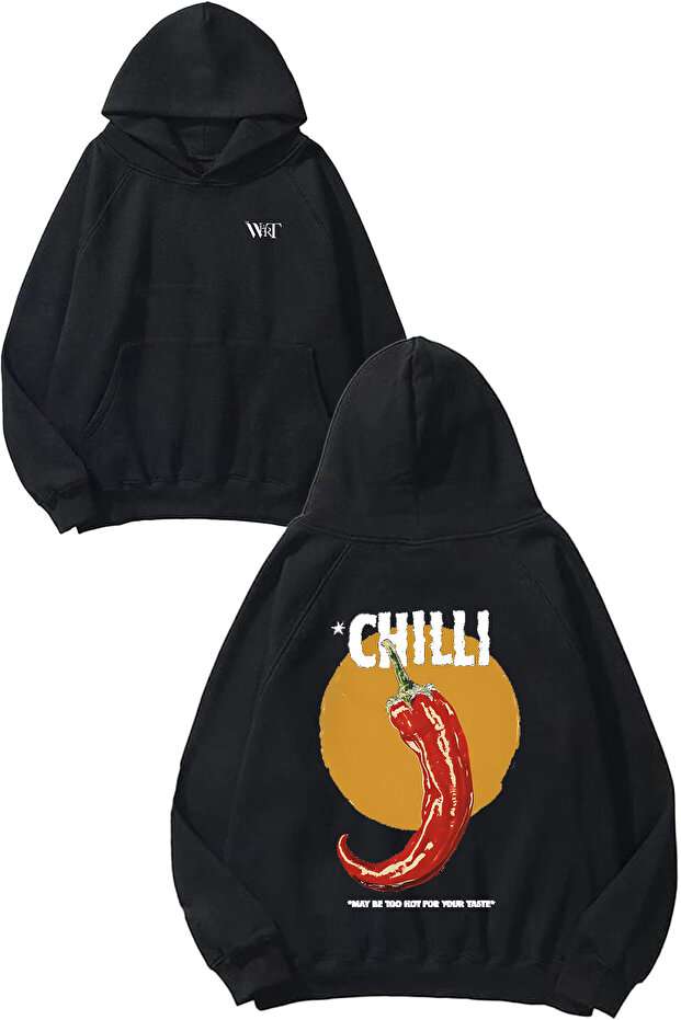 سويت شيرت بقلنسوة أسود اللون بتصميم Chilli 1 مع طباعة على الظهر