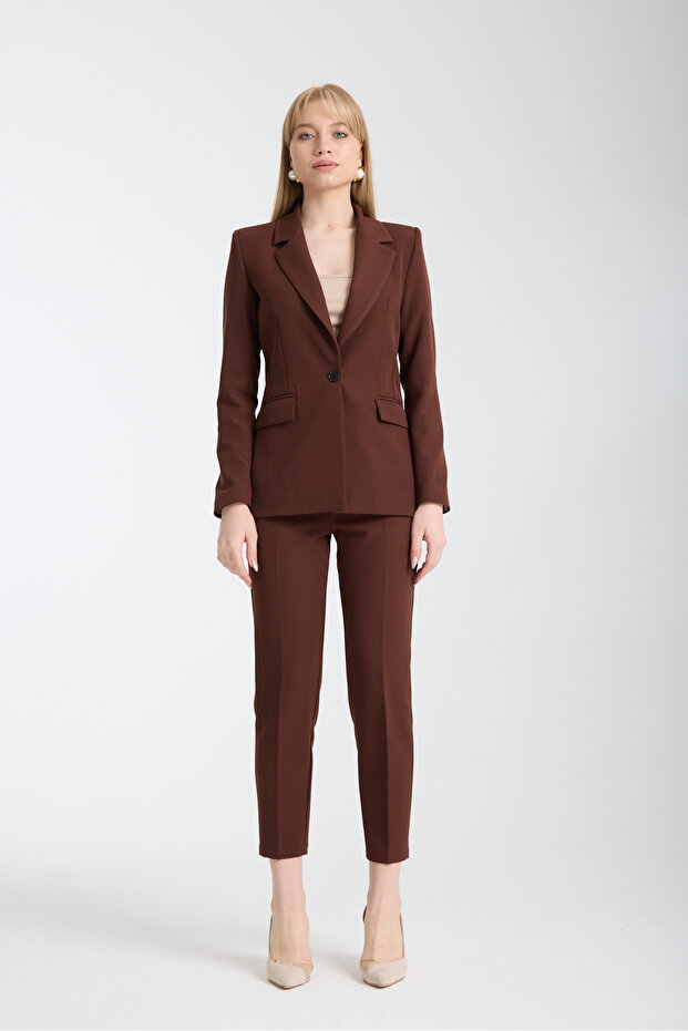 Button Detailed Jacket Pants Set Brown