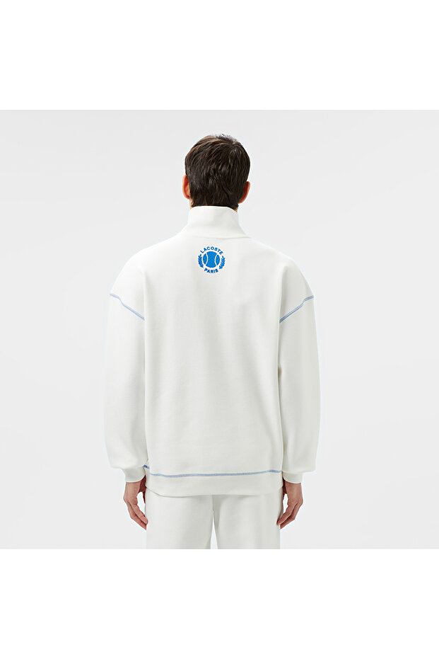 Erkek Relaxed Fit Yarım Fermuarlı Renk Bloklu Beyaz Sweatshirt - 3