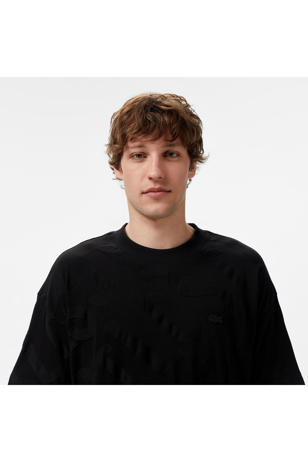 Erkek Bisiklet Yaka Desenli Siyah T-Shirt - 4