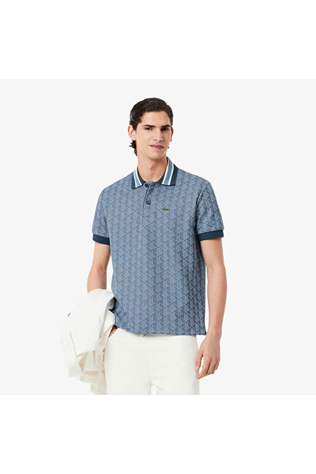 Erkek Classic Fit Monogram Mavi Polo - 1
