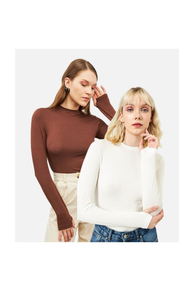 Women's Brown White Crew Neck Body with Finger Detail