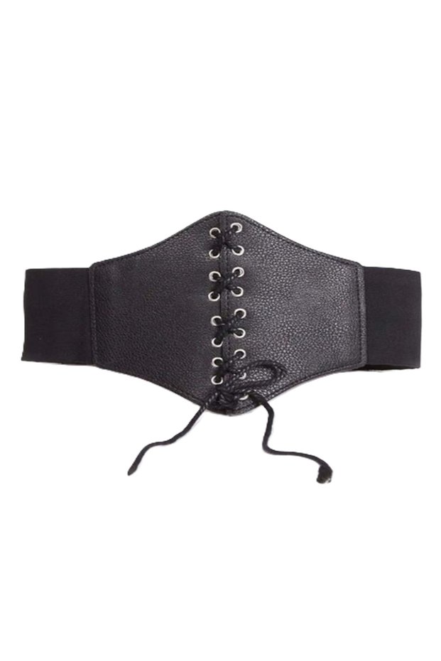 Women's Rope Metal Tire Detailed Faux Leather Black Shirt Dress Corset Waist Belt