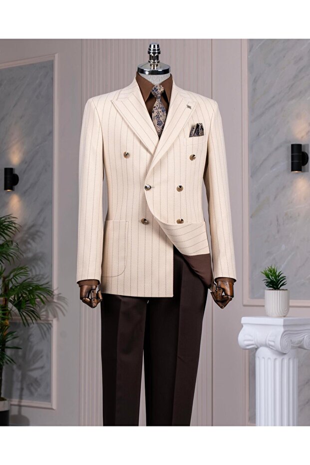 Italian Style Slim Fit Double Breasted Men Single Jacket Beige T14338