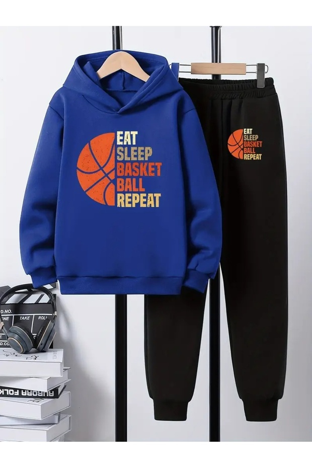 Children's Printed Hooded Sweatshirt and Tracksuit Set 3-Thread Brushed Inside for Autumn/Winter