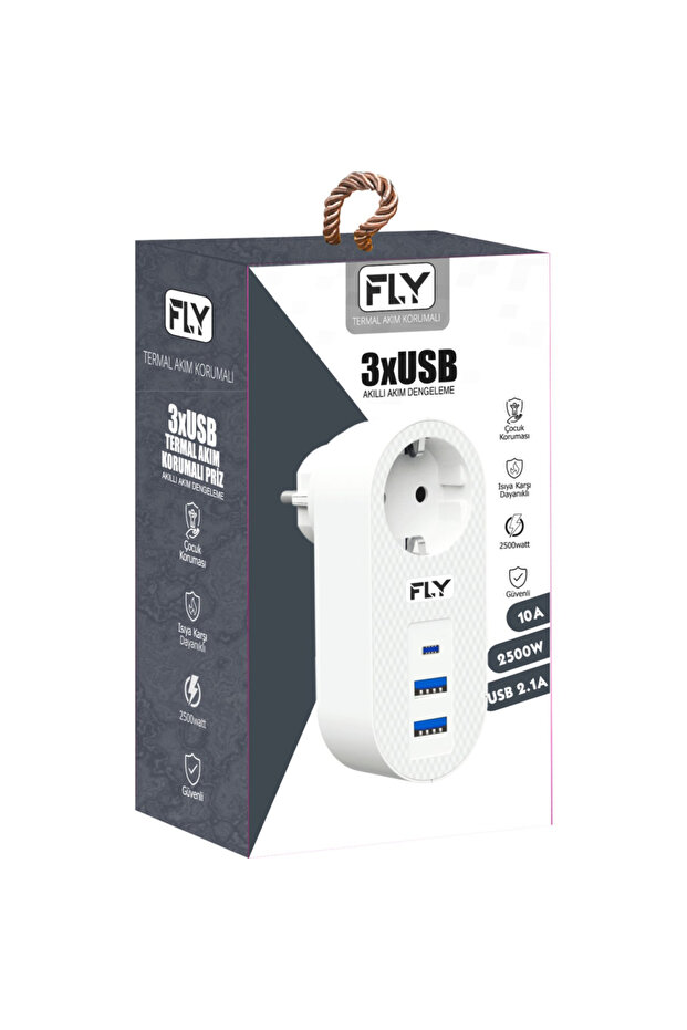 FLY 3400-01، 1 مقبس، 2 USB، 1 منفذ Type-C، مقبس حماية من التيار، 2.1 أمبير، (أبيض)