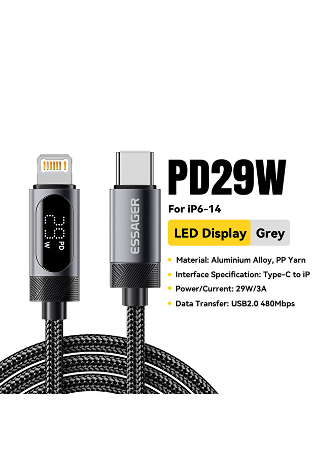 كابل USB-C رمادي بطول مترين لشاشة رقمية، متوافق مع أجهزة iPhone 14 و13 و12 و11 Pro Max، يدعم الشحن السريع بقوة 29 واط.