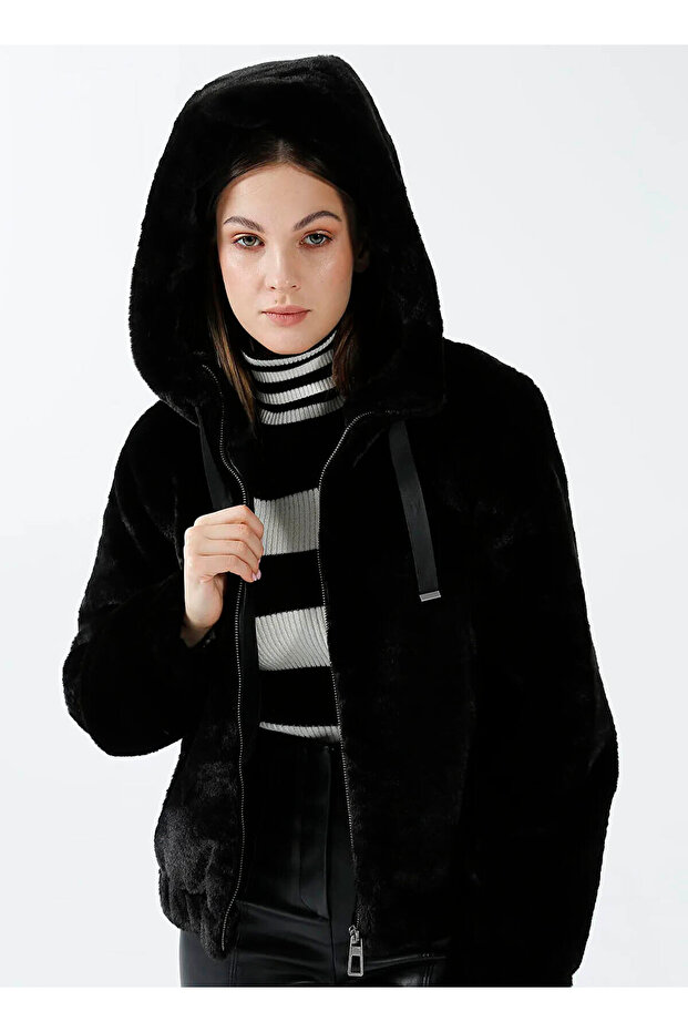 Onlvida Fur Hooded Black Women's Coat 15260047