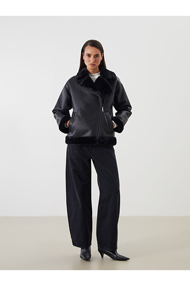 Fur Collar Women's Leather-Look Coat