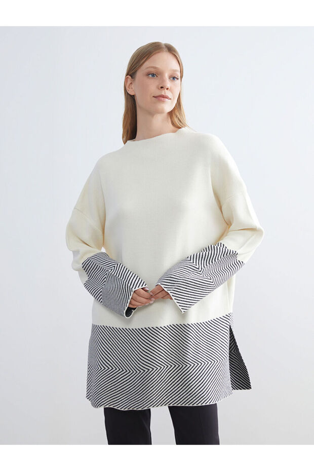 Esvab • Modern & Distinctive Wide Roba Collar Embroidered Women's Knitwear Tunic