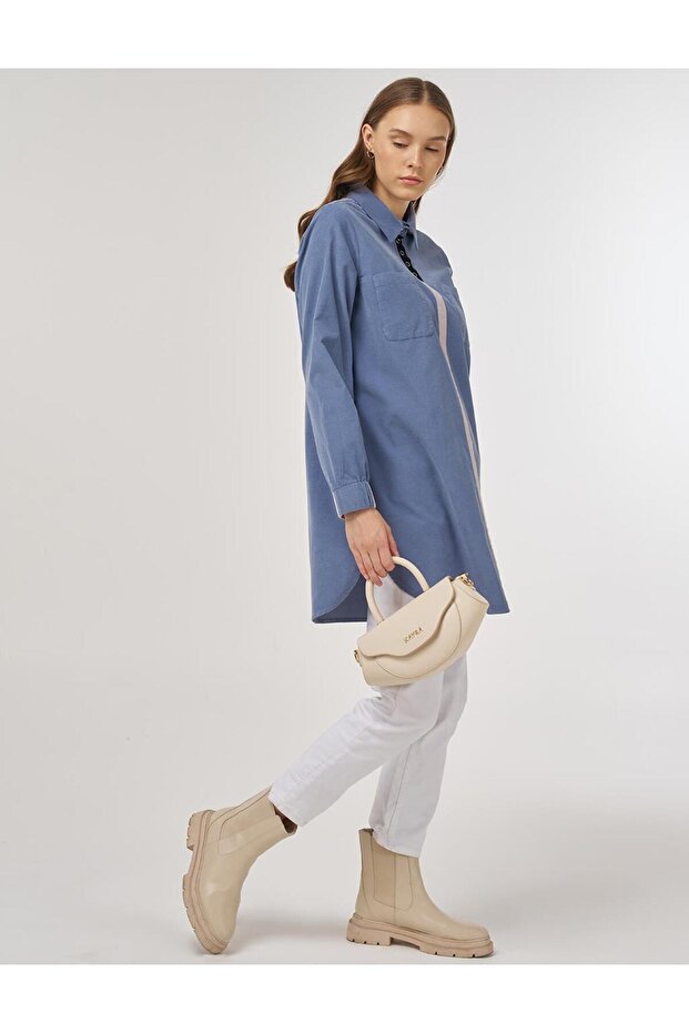 Gömlek Yaka Kadife Tunik İndigo - 2